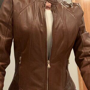 Guess Camel-Colored 100% Genuine Leather Cafe-Racer style jacket